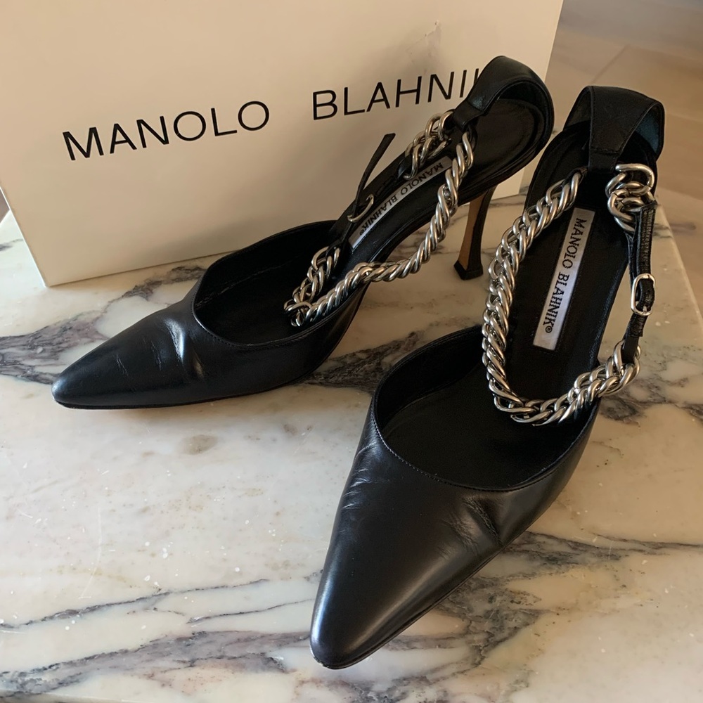 Manolo Blahnik Black Leather Heels with Silver Chain